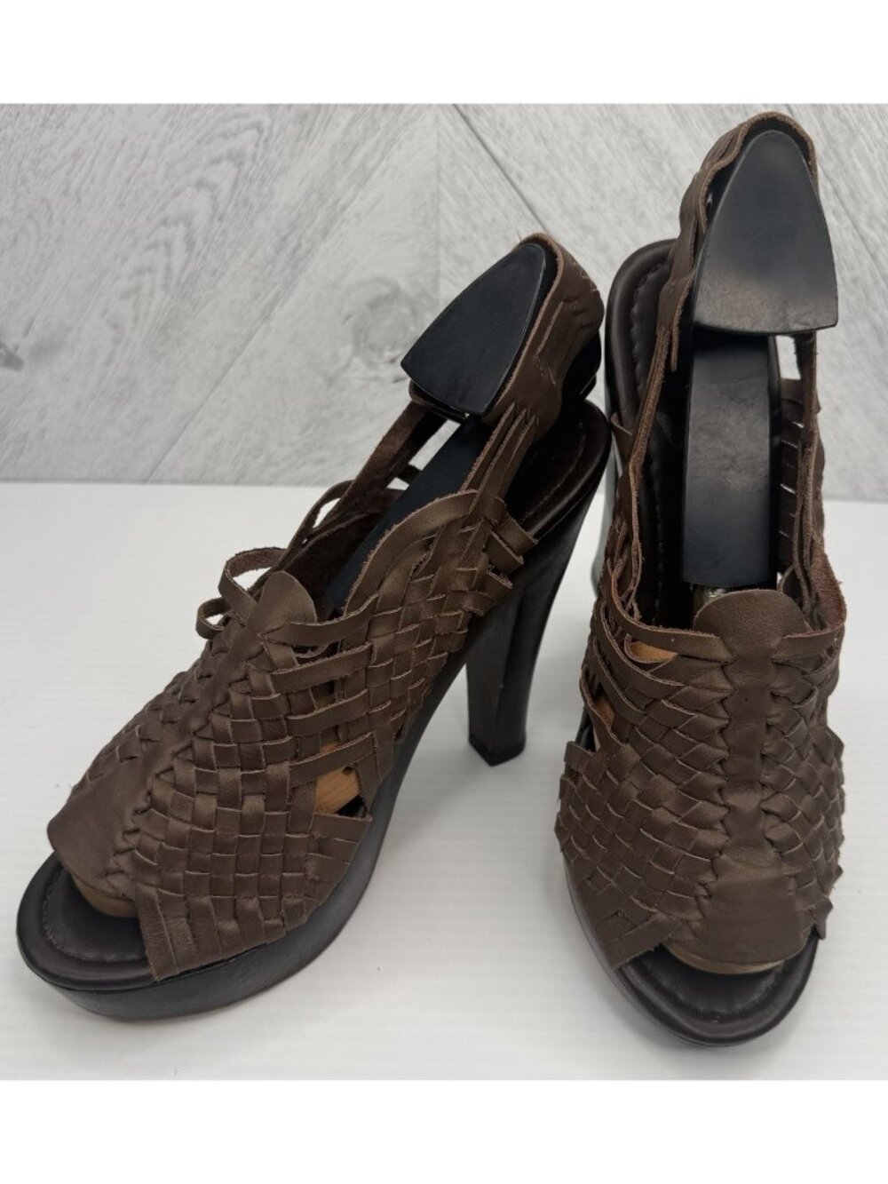 7 For All Mankind Taffy Womens 8M Brown Woven Leather Huarache Platform Heels